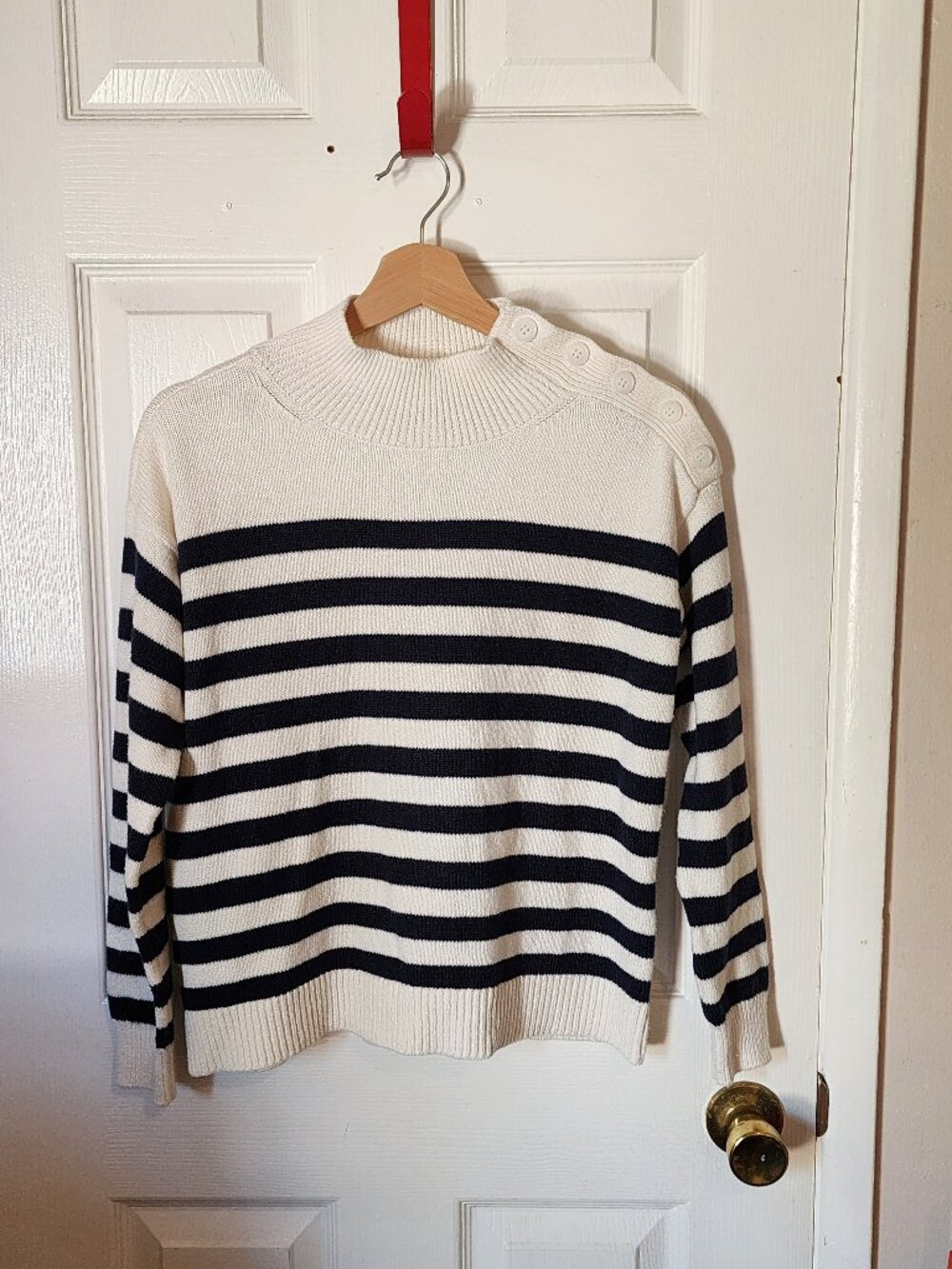 LOFT Striped Button Shoulder Mock Neck Sweater Navy White Size SP